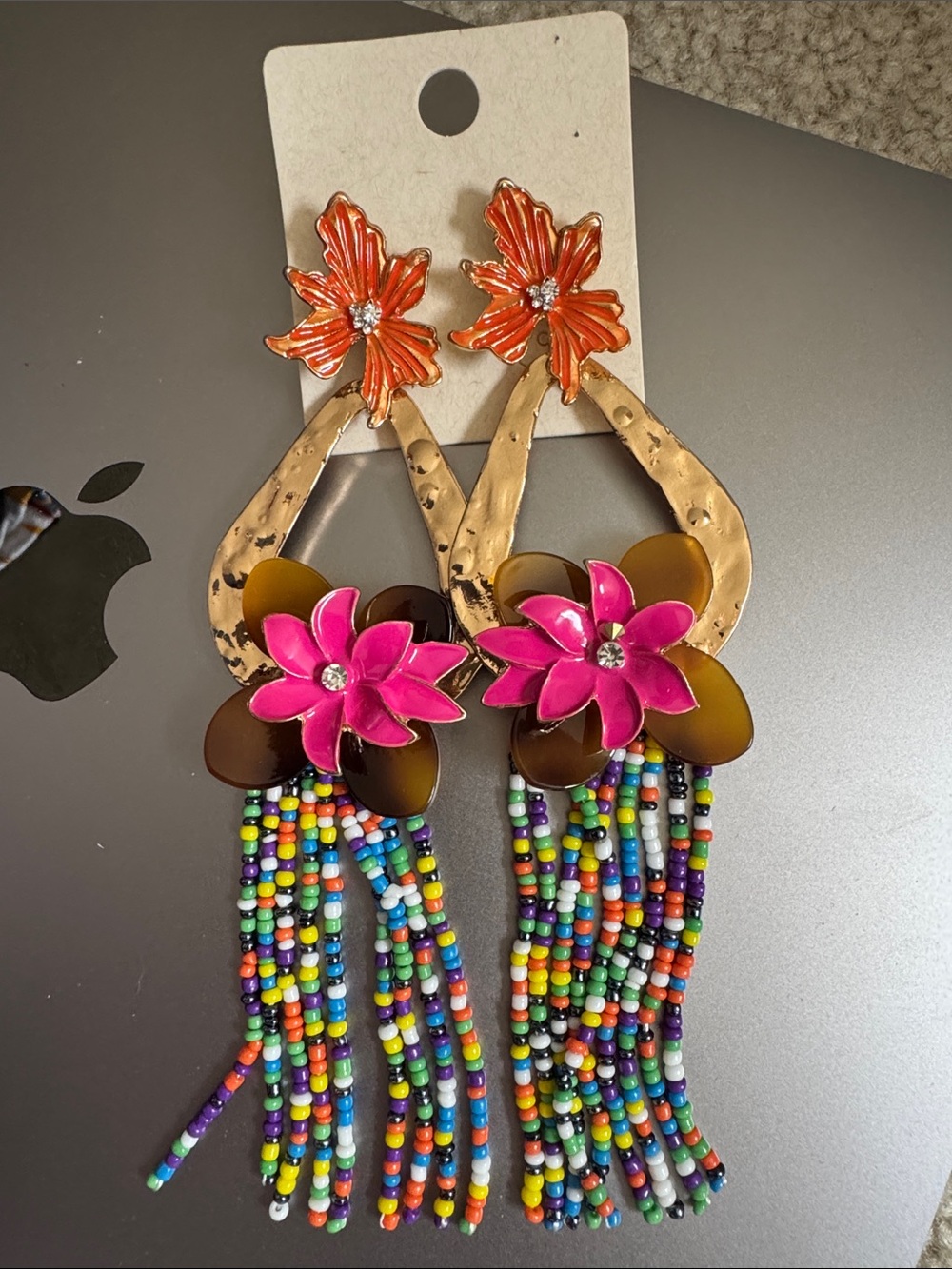 Boho Floral Beaded Tassel Earrings - Pink & Orange